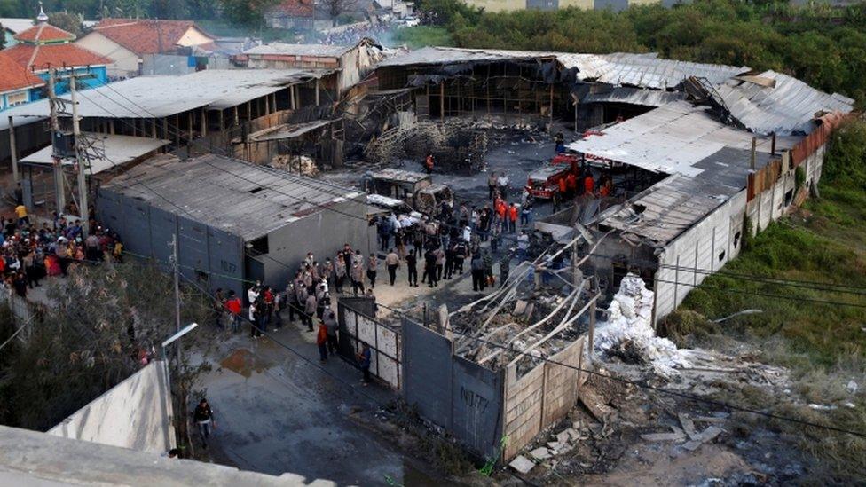 An aerial view showing the burned-out shell of the fireworks factory at Kosambi village in Tangerang, Indonesia.