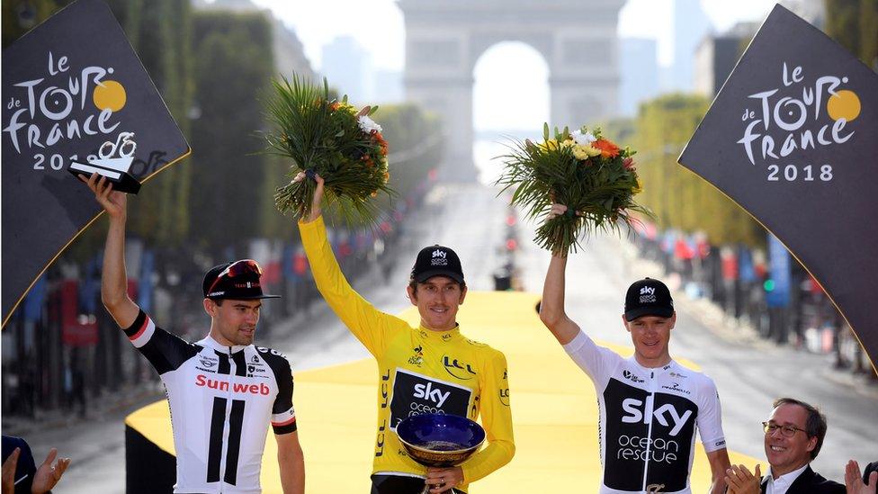 Geraint Thomas celebrates winning the Tour de France in Paris