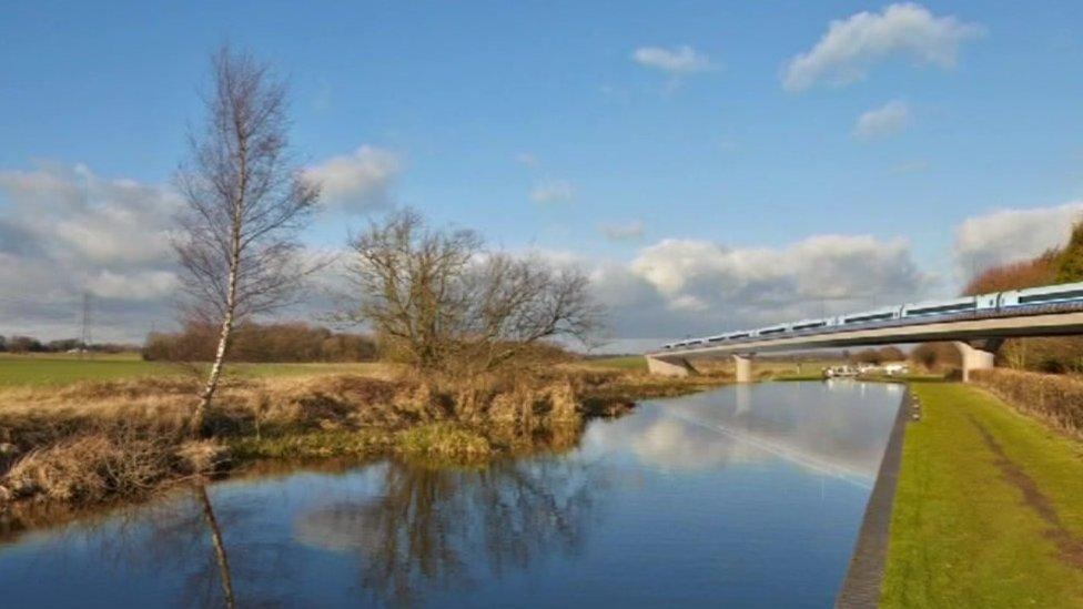 Generated image of an HS2 train on the Birmingham and Fazeley viaduct