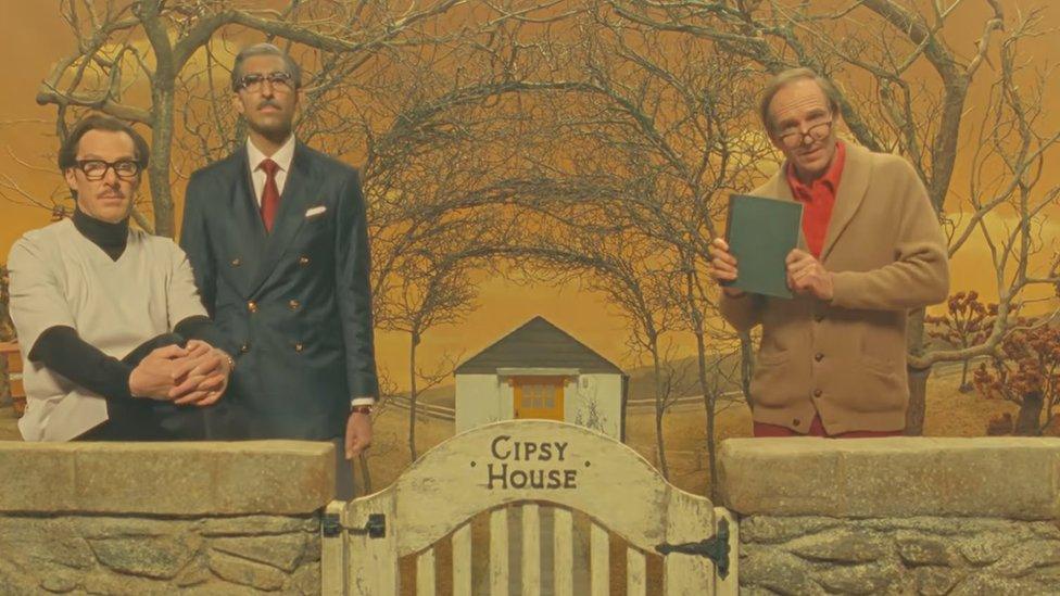 Ralph Fiennes as Roald Dahl with Benedict Cumberbatch and Dev Patel on a set inspired by Gipsy House