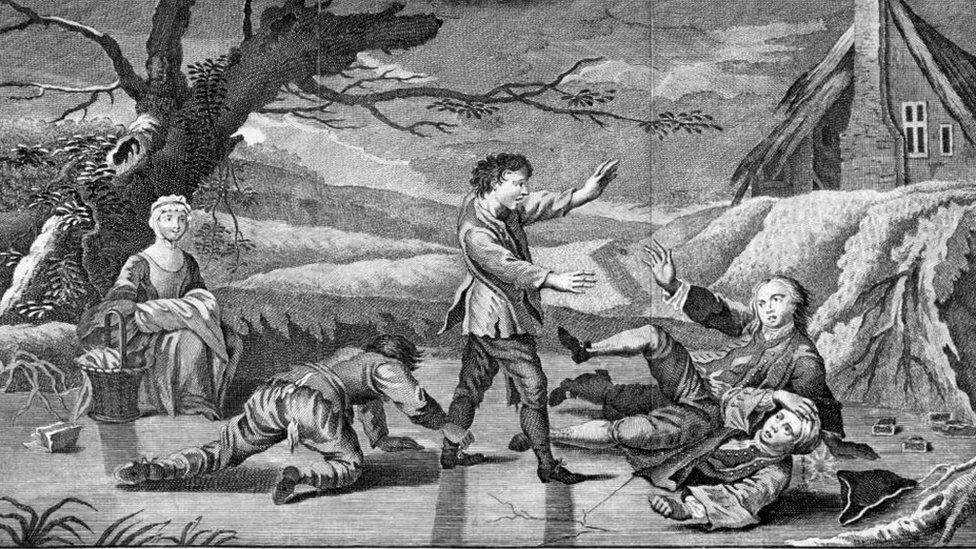 "The Humorous Diversion of Sliding on the Ice" c1745. On the right a young man has slipped and hit his head where blood pours from the wound