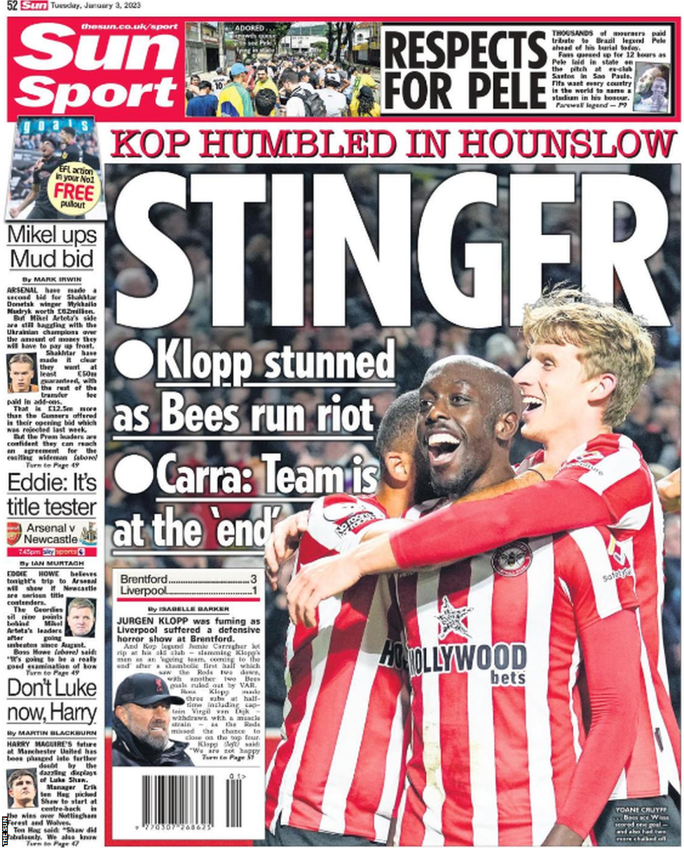 Back page of the Sun on 3 January 2023