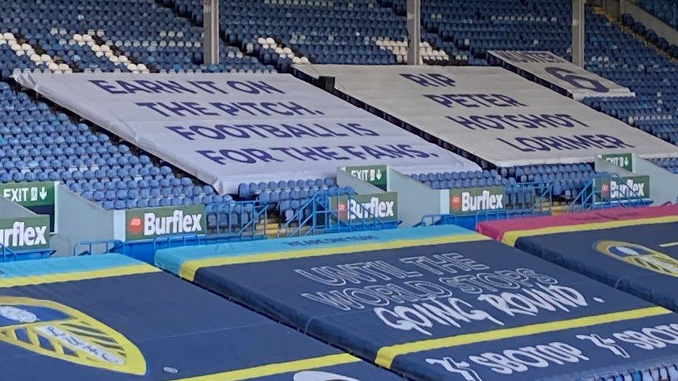 Banners inside Elland Road for the game Leeds United v Liverpool