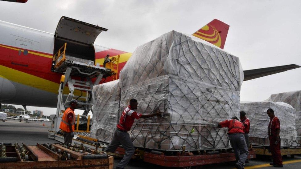 Yangtze River Express Airlines Boeing 747 cargo plane after landing at Simon Bolivar International Airport