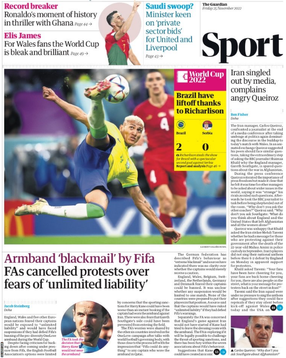 Main sport page of the Guardian on 25 November 2022