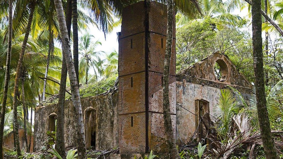 The ruins of the penitentiary of the Cayenne penal colony) on Devil's Island, off French Guiana.