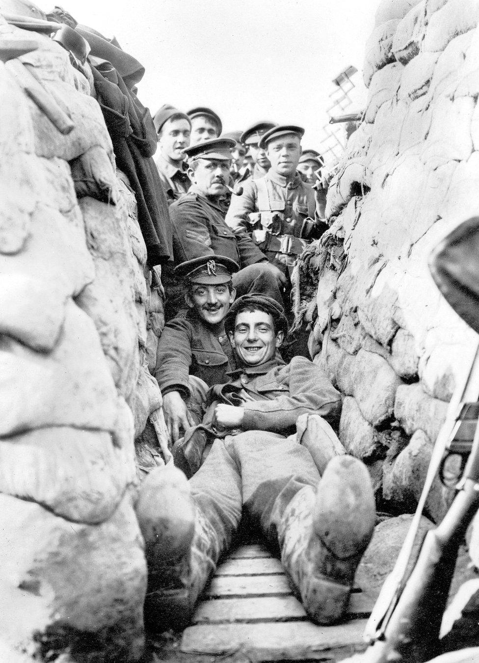 Men of 1/5th York and Lancaster Regiment in International Trench near the Yser Canal north of Ypres, 1915