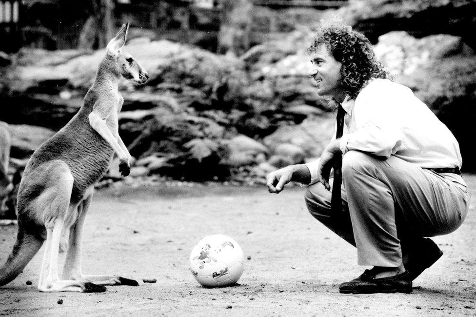 Craig Johnston nicknamed 'Roo' during his playing days at Liverpool at the launch of Roo Ball at the Taronga centre, Mosman yesterday. Its timeslot will be 7.30 pm on Sundays, up against The Simpsons and 60 Minutes. February 11, 1991.