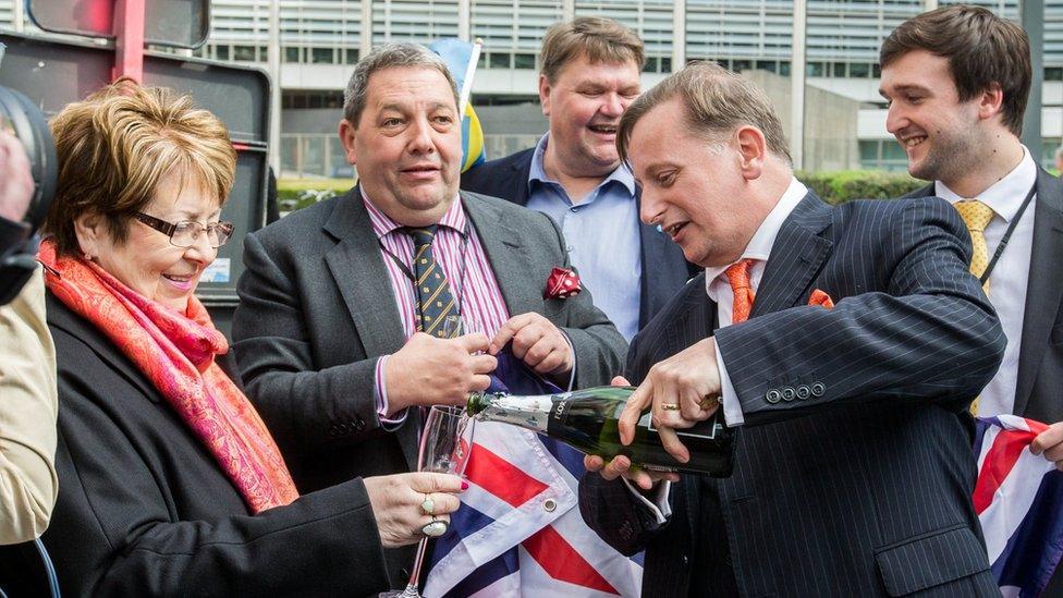 UKIP MEPs celebrate with champagne in Brussels