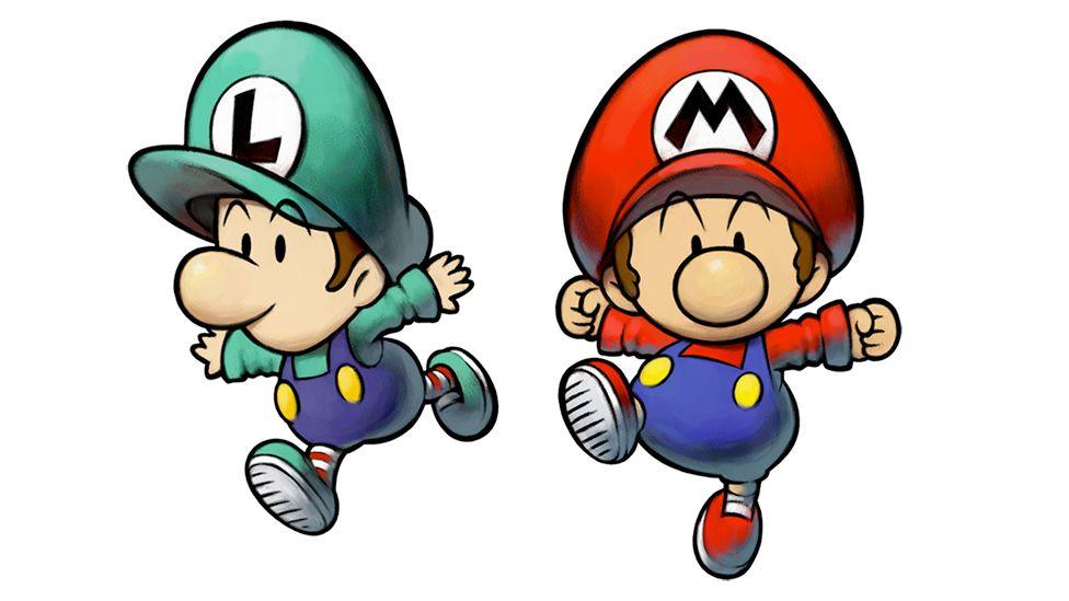 Twin sketches of Baby Luigi and Baby Mario. Both sport the signature green and red dungarees and matching caps with the first letter of their names printed on them. Neither has a moustache, and their oversized heads are out of proportion to their tiny arms and bodies.