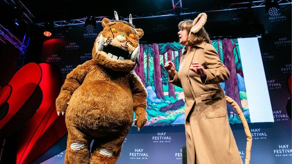 Julia Donaldson on stage with The Gruffalo