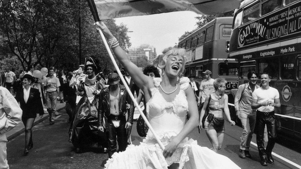 A marcher dressed as Marilyn Monroe during the annual Gay Pride march in London, July 1994