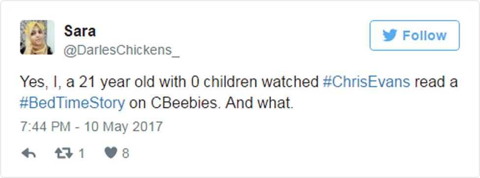 Tweet: "Yes, I, a 21 year old with 0 children watched #ChrisEvans read a #BedTimeStory on CBeebies. And what."