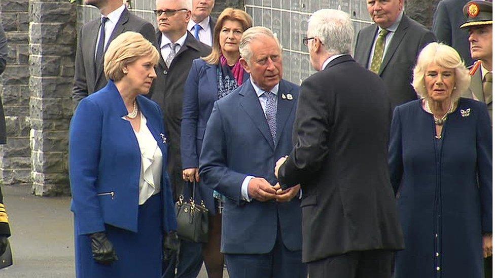 Prince Charles and the Duchess of Cornwall with Irish arts and culture minister Heather Humphreys, left