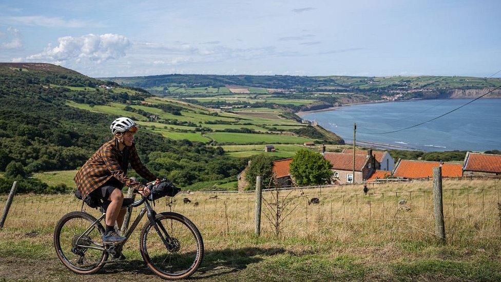 Cyclist on Yorkshire coast