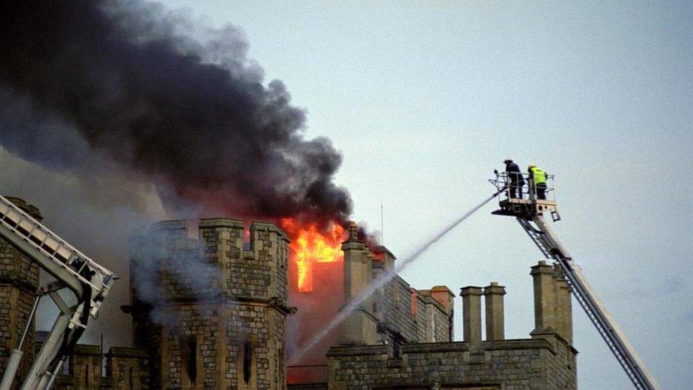 Firefighters tackle the blaze at Windsor Castle on 20 November 1992