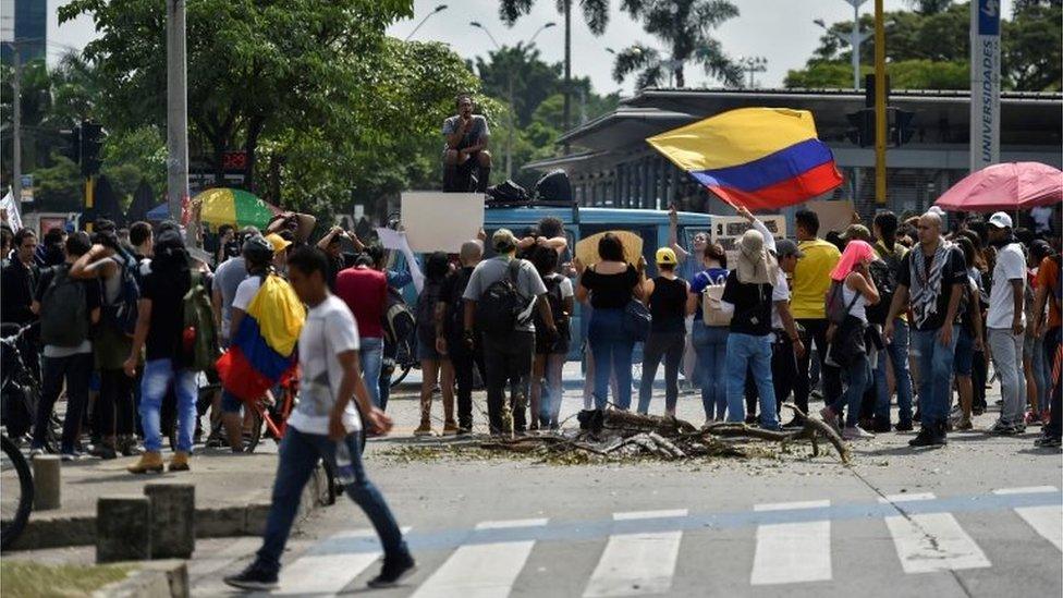 Students demonstrate during a protest against the government of Colombian President Ivan Duque in Cali, Colombia, on December 4, 2019