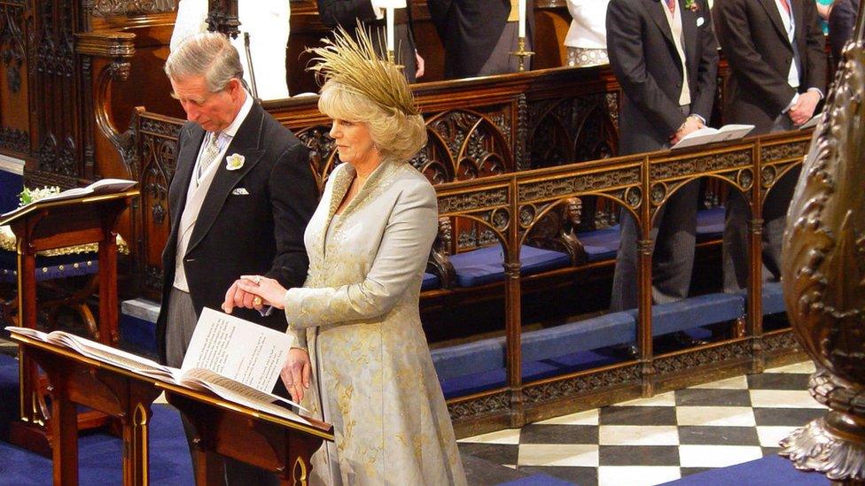 Prince Charles and the Duchess of Cornwall, formerly Camilla Parker Bowles (L) stand during the Service of Prayer and Dedication in St George's Chapel, Windsor Castle after their civil wedding