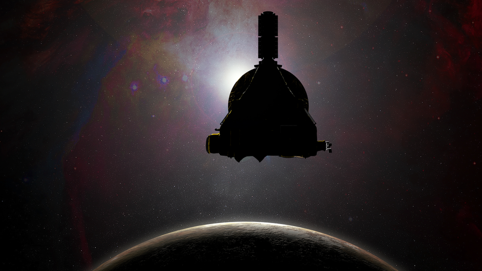 illustration of New Horizons spacecraft over Pluto