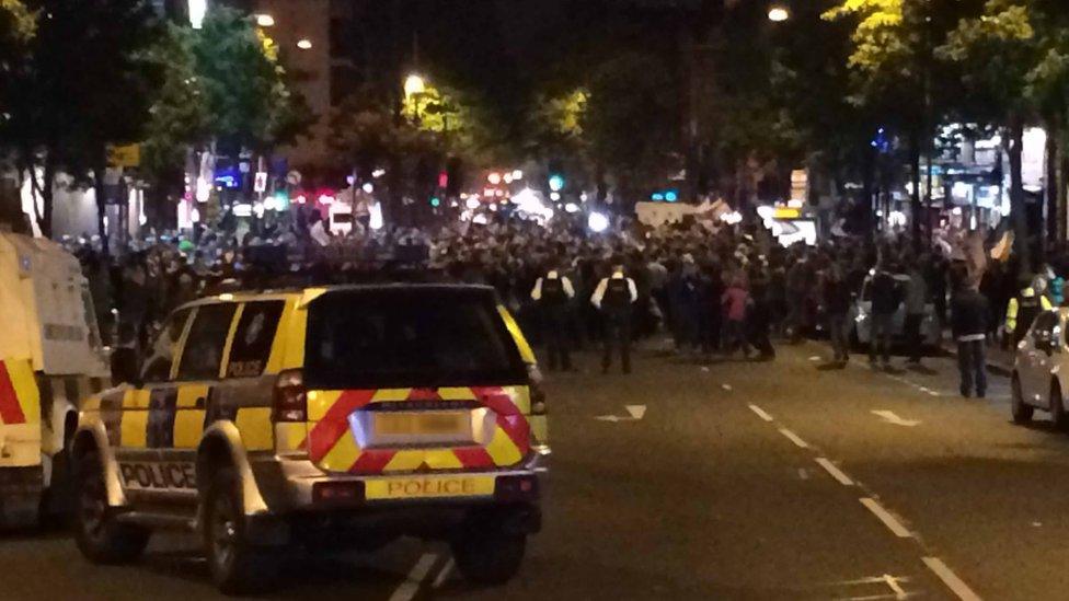 Hundreds of fans gathered outside pubs near Belfast's Shaftsbury Square to celebrate Northern Ireland's victory