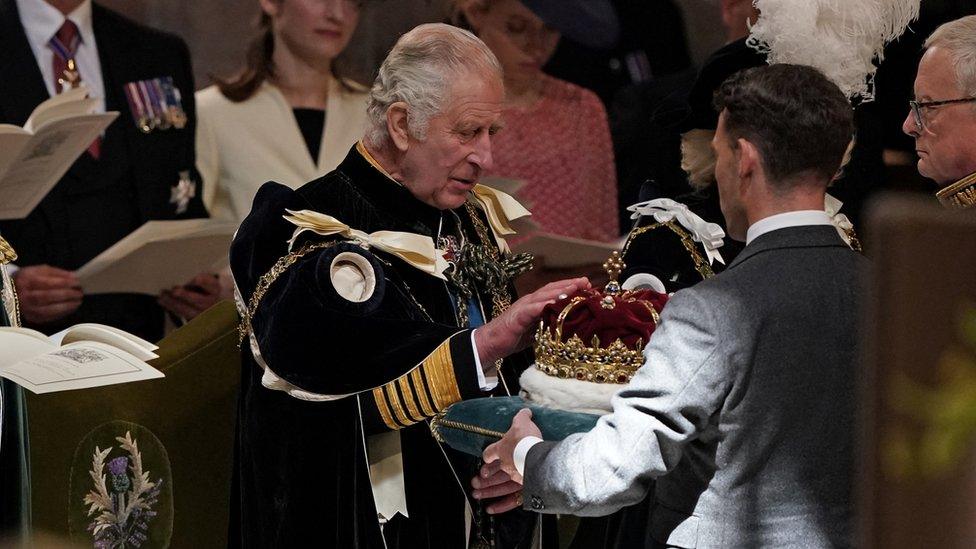 King Charles III is presented with the Crown of Scotland