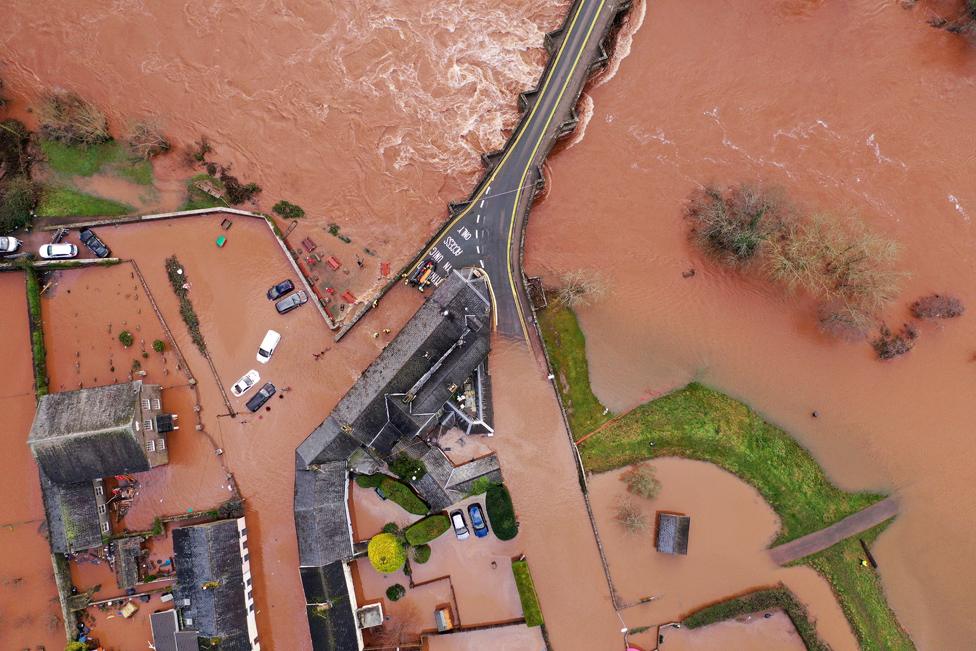 An aerial view of the Welsh village of Crickhowell which has been cut off after the river Usk bursts its banks. February 16, 2020