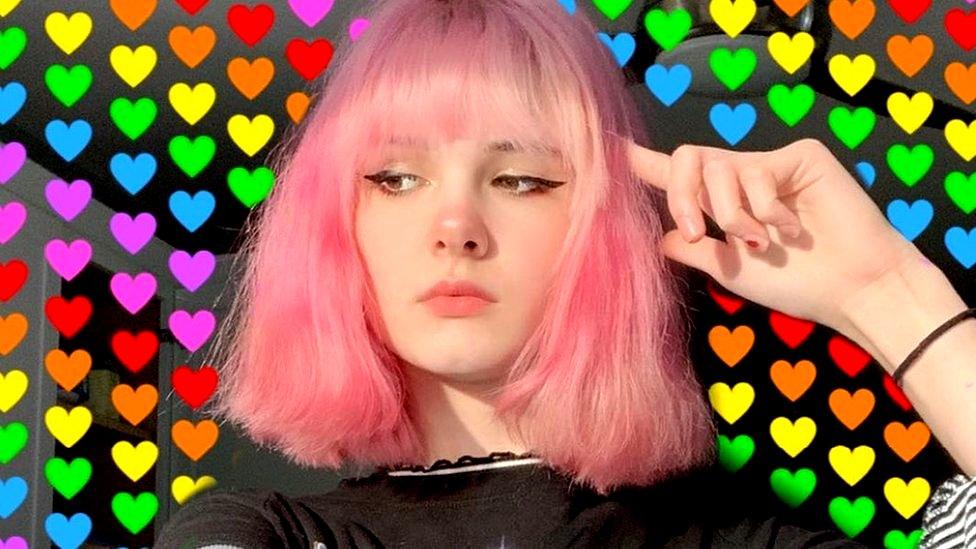 An edited photograph of Bianca, surrounded by colourful hearts