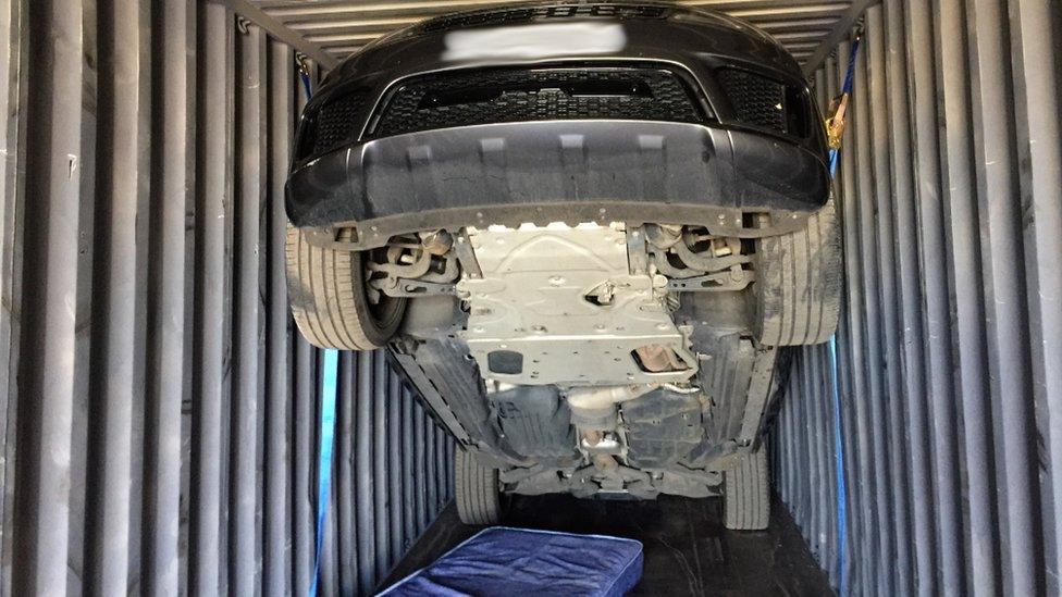 The Range Rover inside a container at the Port of Tilbury