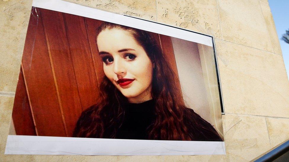 A photo of British backpacker Grace Millane during a vigil at Civic Square on December 12, 2018 in Wellington, New Zealand.