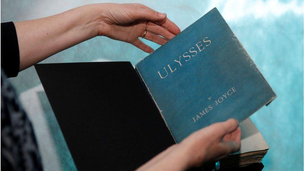 A first edition copy of James Joyce's novel 'Ulysses' is seen before it's shown to Prince William, Duke of Cambridge and Catherine, Duchess of Cambridge