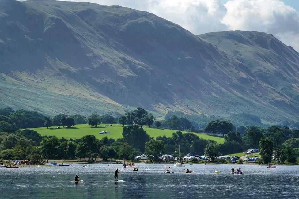 Crowds enjoying the good weather at Ullswater in the Lake District