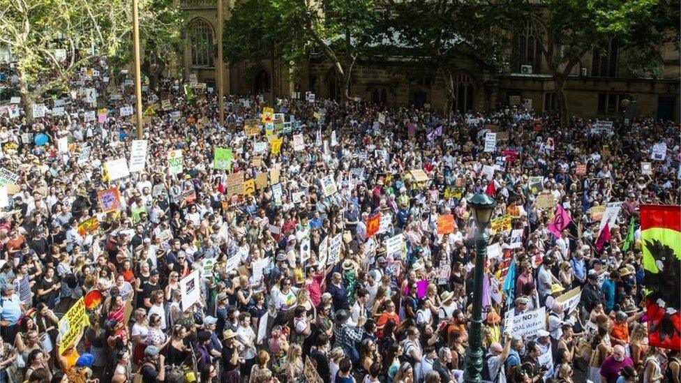 Activists rally for climate action at Sydney Town Hall on January 10, 2020 in Sydney, Australia.