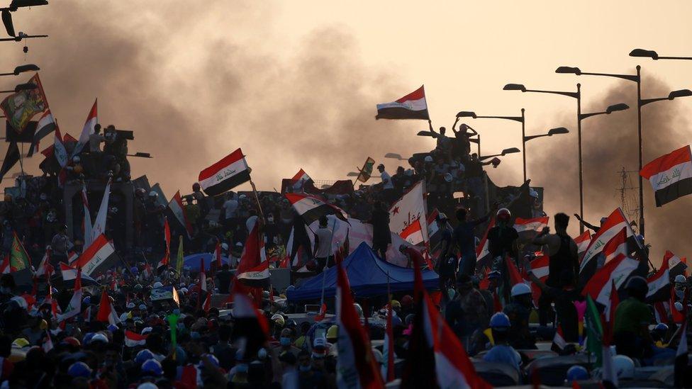 Iraqi anti-government protesters in Baghdad on 31 October 2019