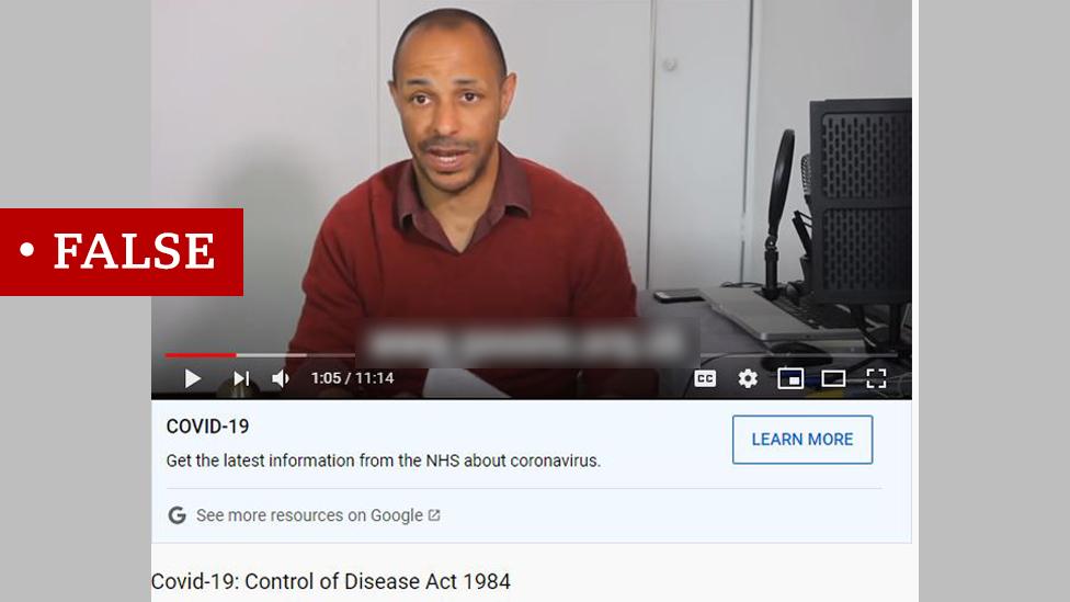 Screenshot of video called Covid-19: Control of Disease Act 1984. Labelled "False".