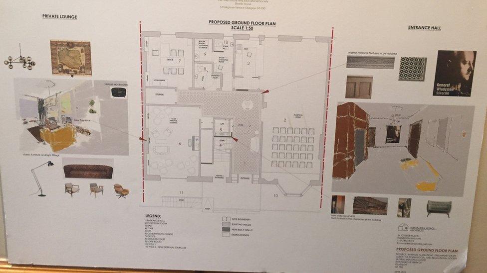 An image of proposed plans for the renovation of the Sikorski Polish Club, showing a staircase would be moved and a lift installed