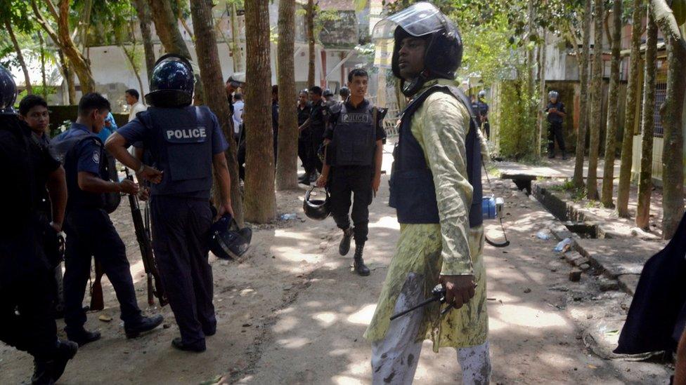 Bangladeshi policemen arrive near the scene of a blast in Kishoreganj, about 90 kilometers (60 miles) north of the capital of Dhaka, Bangladesh, Thursday, July 7, 2016