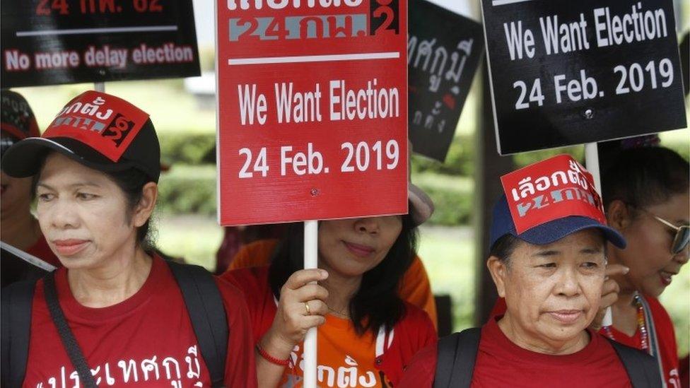 Pro-democracy campaigners in Thailand hold signs calling for an election (7 Dec 2018)