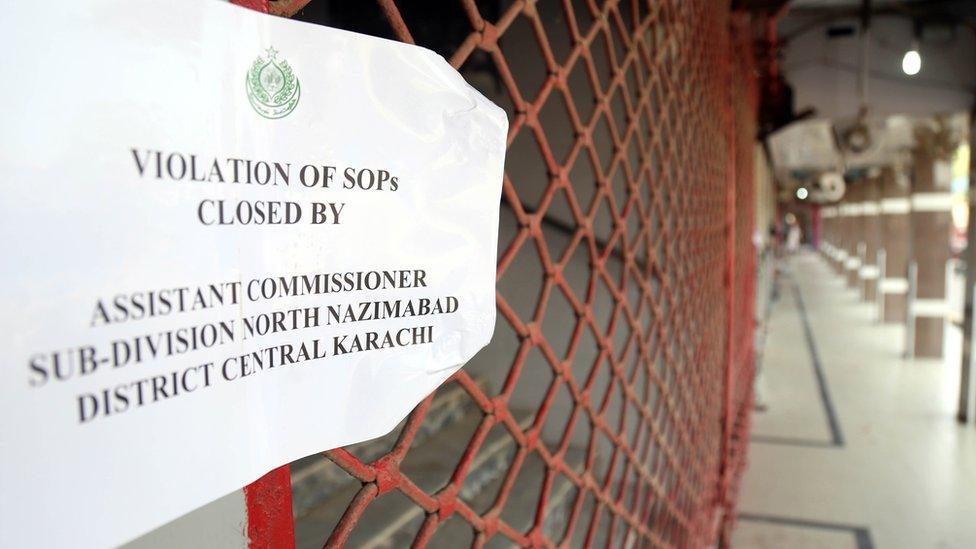 A view of a sealed market, that violated the COVID-19 SOPs during smart lockdown, after new cases of COVID-19 were reported across the country in Karachi, Pakistan, 28 April 2021