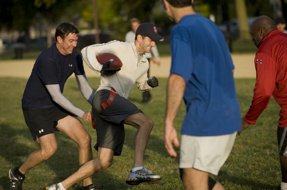 Congressmen Hunter and Ryan training for a football match in 2009