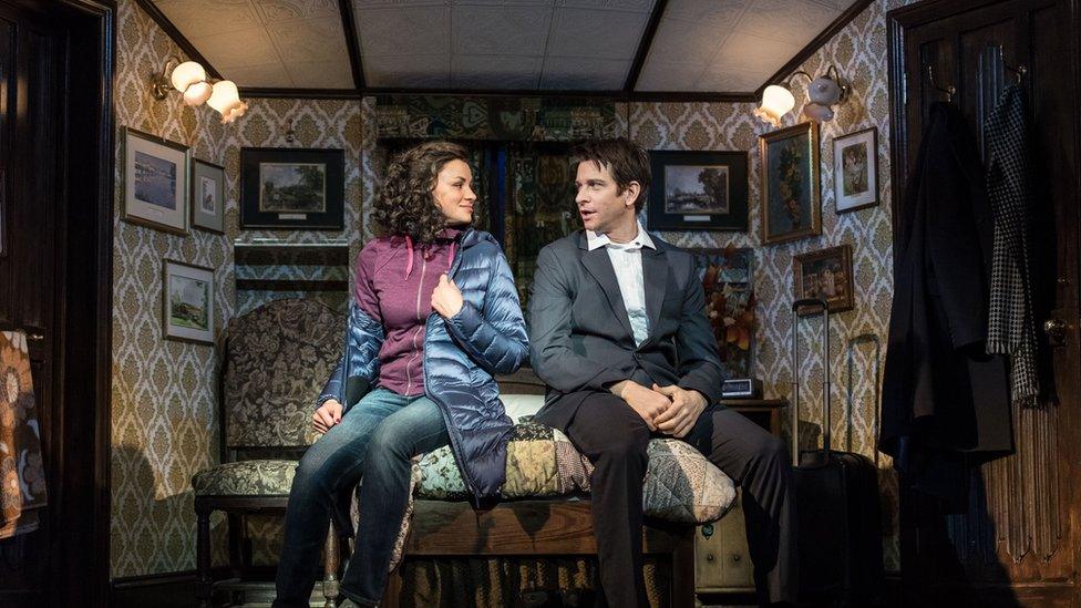 Andy Karl (Phil Connors) and Carlyss Peer (Rita Hanson) in Groundhog Day at The Old Vic