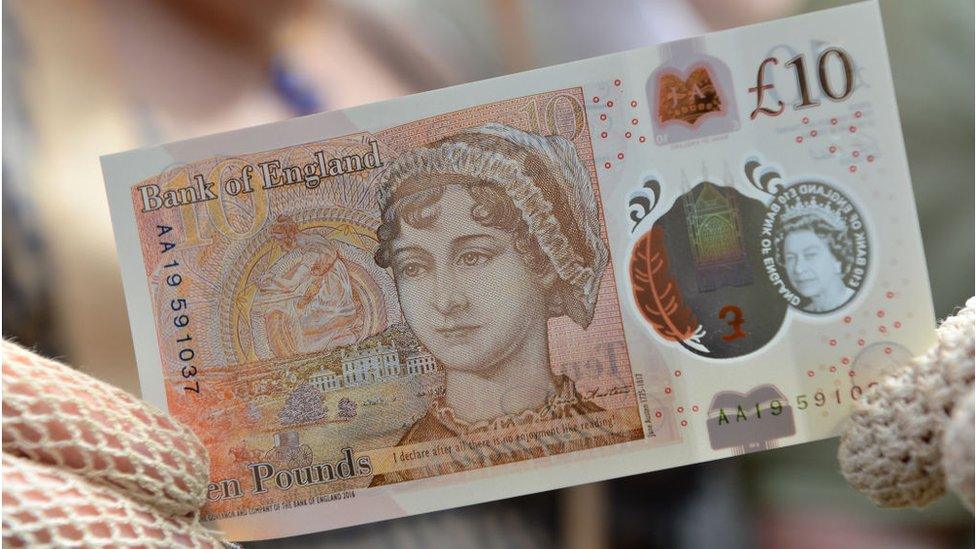 Plastic £10 note featuring author Jane Austen