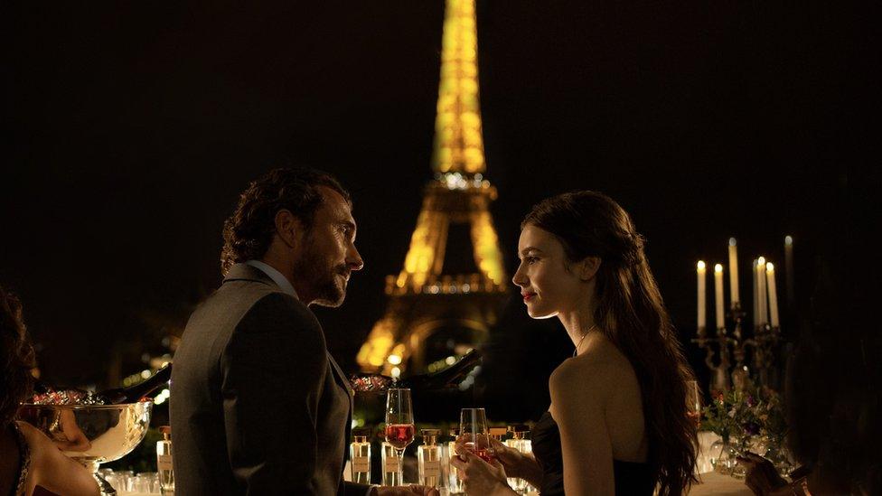 William Abadie and Lily Collins in Emily in Paris