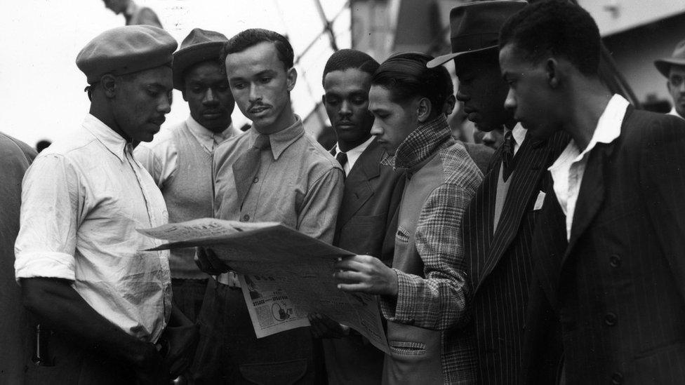 Newly arrived Jamaican immigrants on board the "Empire Windrush" at Tilbury.