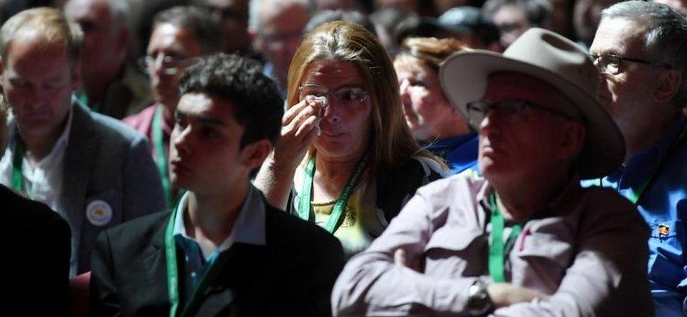 A woman sitting among dozens of people in a parliamentary gallery dabs at a tear