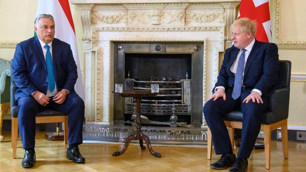 British Prime Minister Boris Johnson talks with Hungarian Prime Minister Viktor Orban at Downing Street in London, Britain May 28, 2021