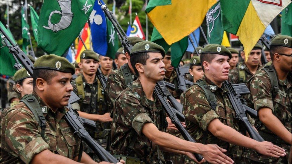 Brazilian soldiers marching on March 28 to commemorate a 1964 military coup that established dictatorship for 21 years