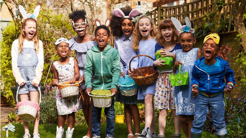 kids cheering for easter egg hunt