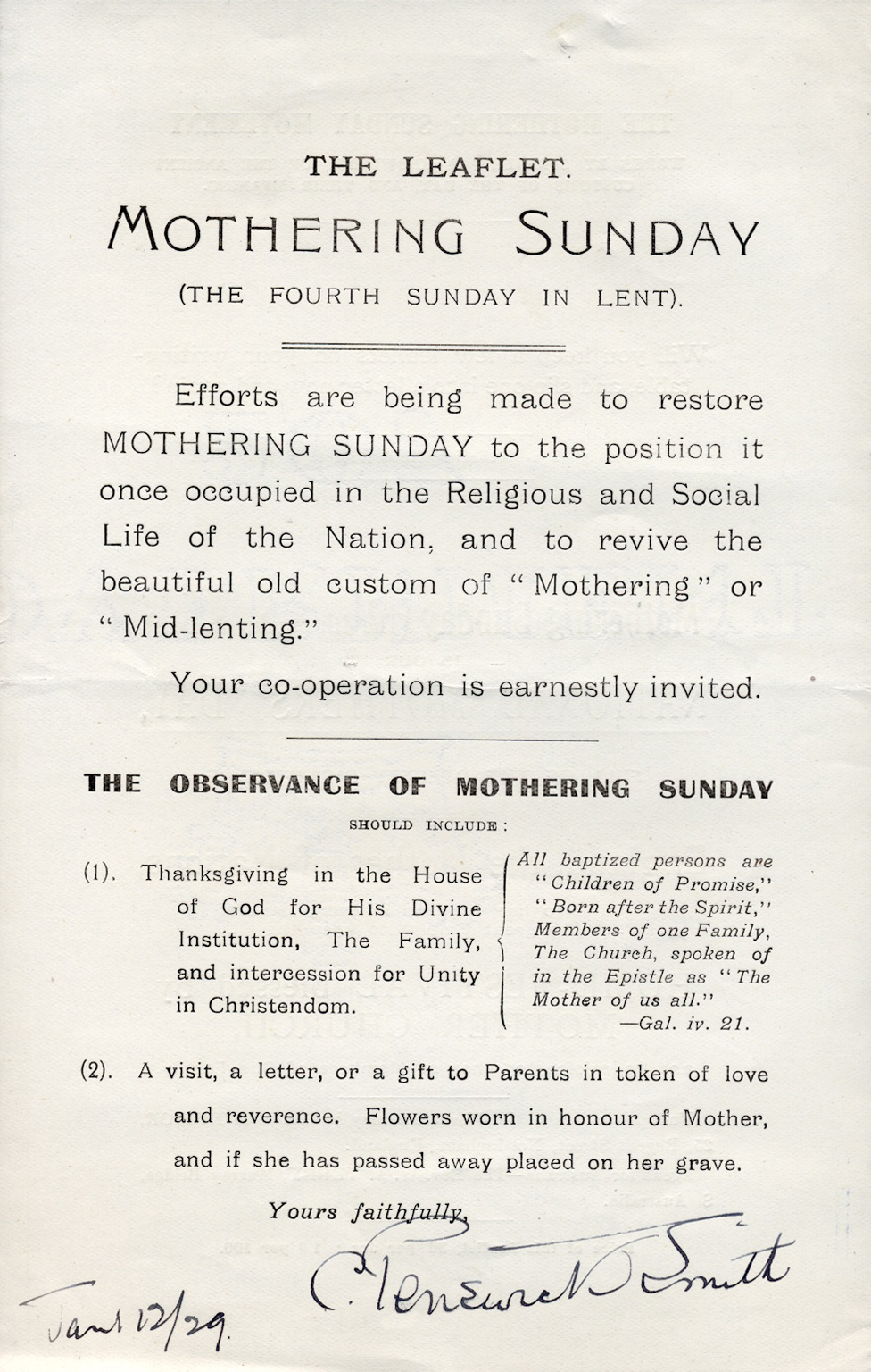 Leaflet promoting Mothering Sunday