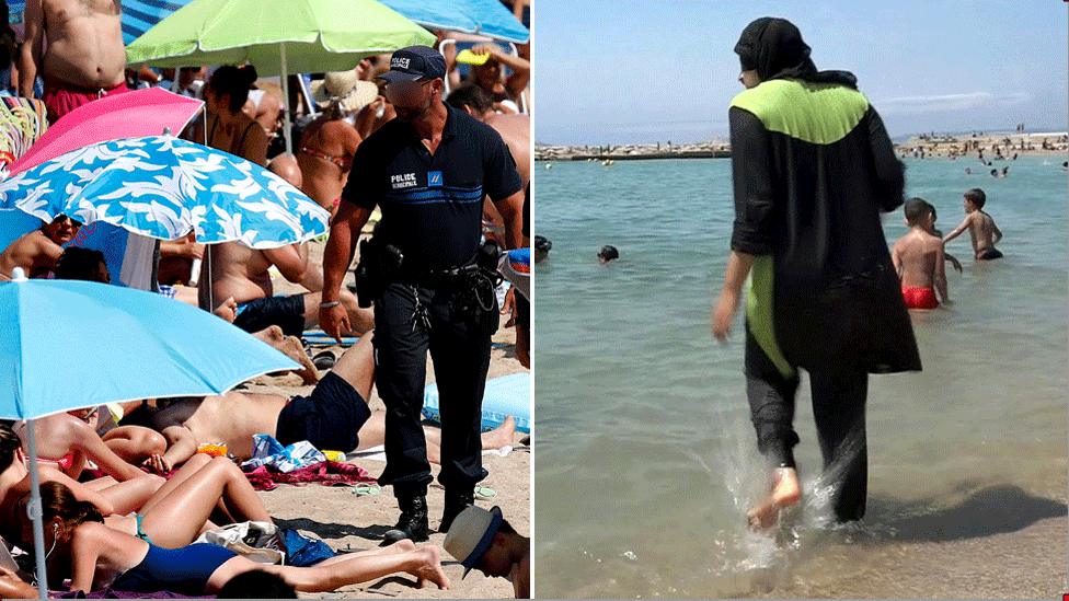 Police on beach in Cannes and a woman in a burkini on a French beach