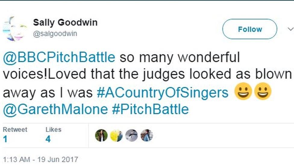 Tweet: BBC Pitch Battle so many wonderful voices! Loved that the judges looked as blown away as I was